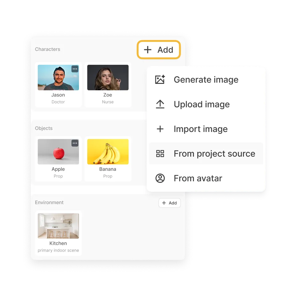 Create or add consistent characters in AI Director Mode by generating with AI or uploading photos, headshots, or a brand mascot